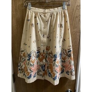 Vintage St. Michael UK Cotton Flow Skirt Cream Multicolor Floral Button 25in